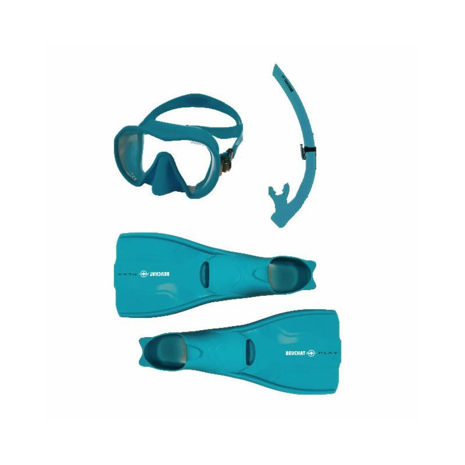 Kit de mergulho com barbatanas + máscara de vidro simples + snorkel Beuchat Atoll - Spy